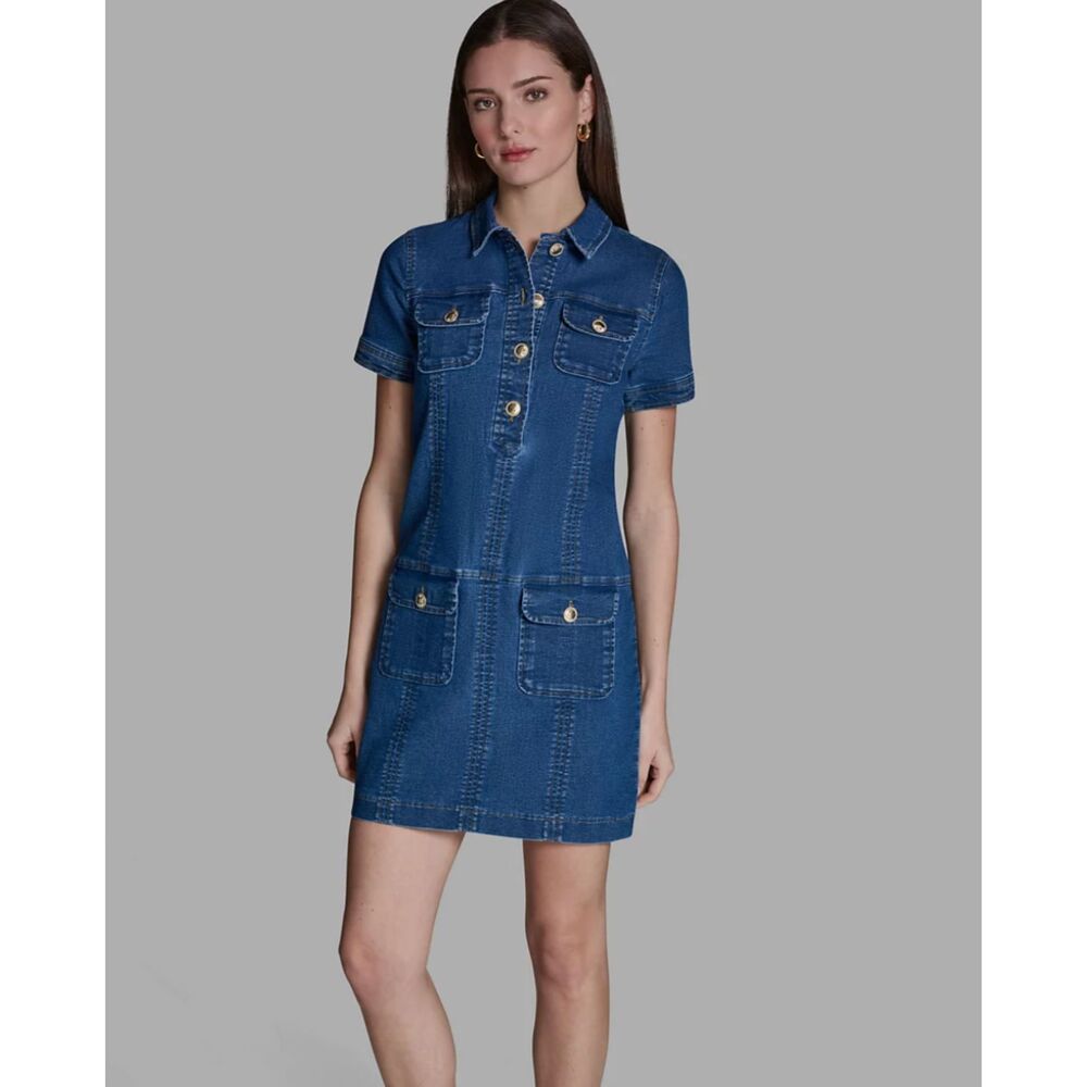 BCBG Women's Collared Neck Denim Shirt Dress